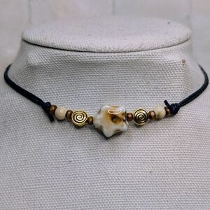 Tan Star Y2K Hippie Boho Ceramic Gold Swirl Spiral Beaded Choker Necklace